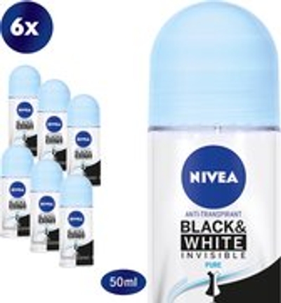 NIVEA Invisible For Black & White Pure Anti-Transpirant Deo Roller - Deodorant Tegen witte en gele vlekken  - 6 x 50 ml