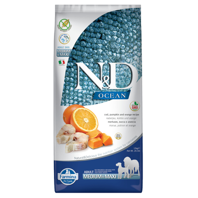Farmina N&D Graanvrij Ocean Kabeljauw, Pompoen en Sinaasappel Medium & Maxi Hondenvoer - Dubbelpak: 2 x 12 kg - hondenbrokken