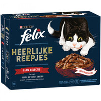 Felix Heerlijke Reepjes Farm Selectie en Visselectie natvoer voor katten - rund, kip, eend, kalkoen in saus - 7,68 kg