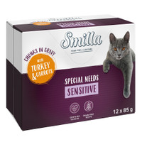 Smilla Adult Sensitive hapjes in saus kalkoen en wortelen met groenten natvoer voor katten - 1,02 kg