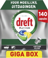 Dreft Platinum moeilijke, vette uitdagingen, vetfilter, citroen - 140 vaatwastabletten